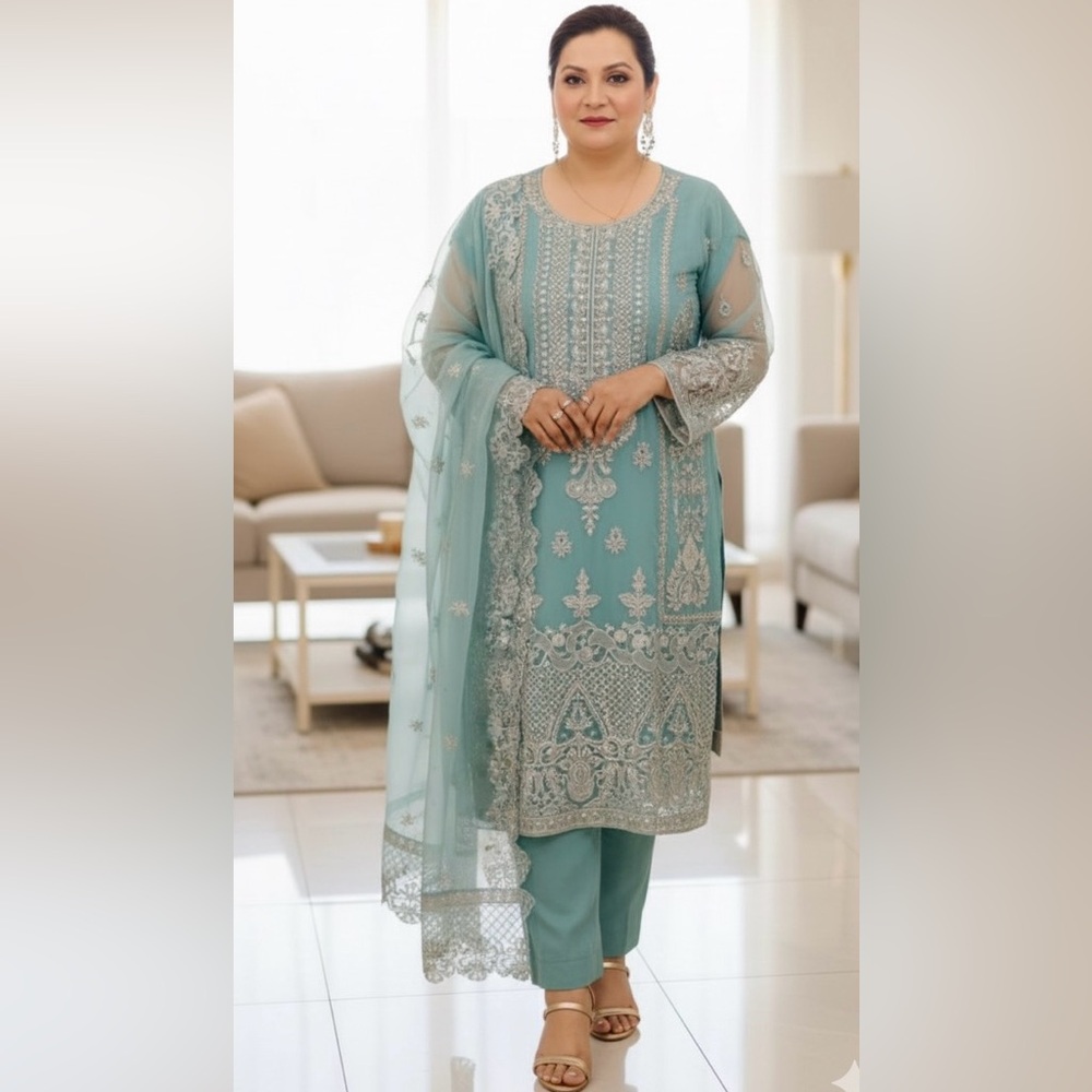 Elegant Embroidered Teal Outfit